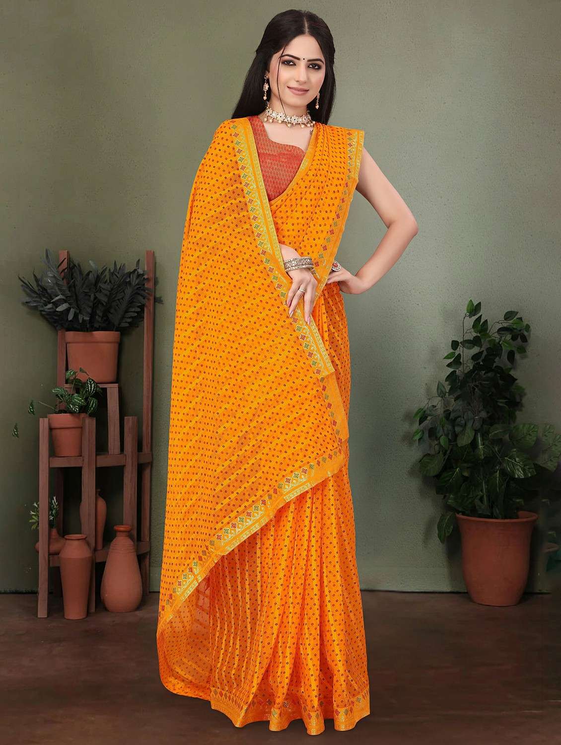 women bandhani printed saree with blouse - 22243567 -  Standard Image - 1