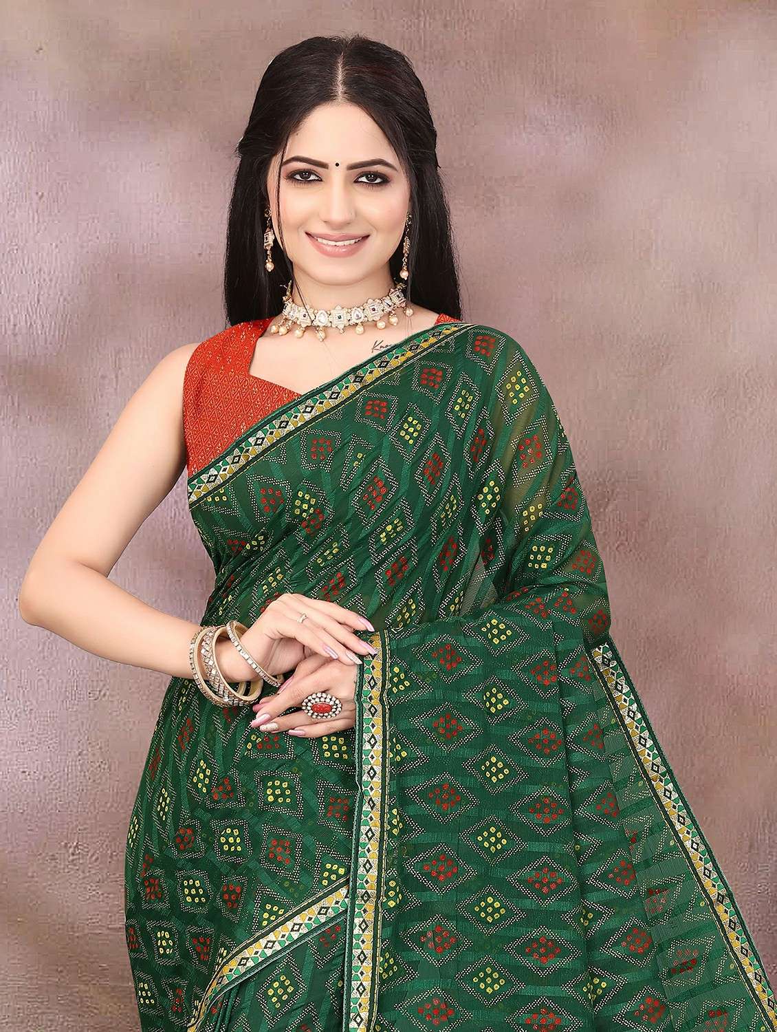 women bandhani printed saree with blouse - 22243595 -  Standard Image - 1