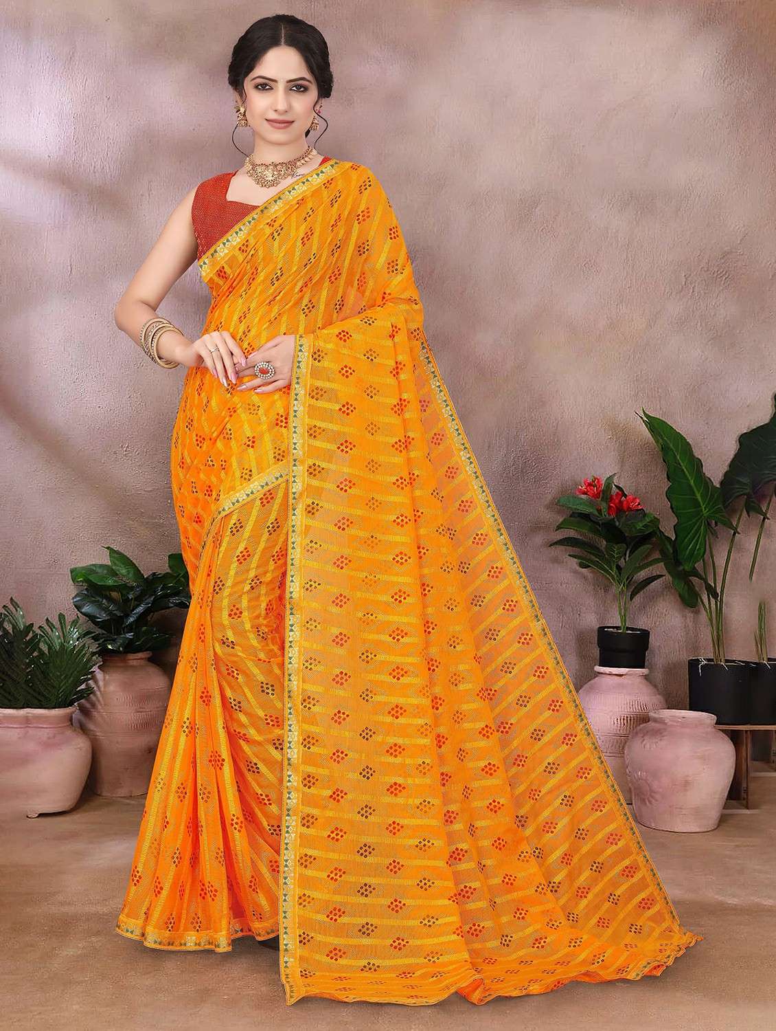 women bandhani printed saree with blouse