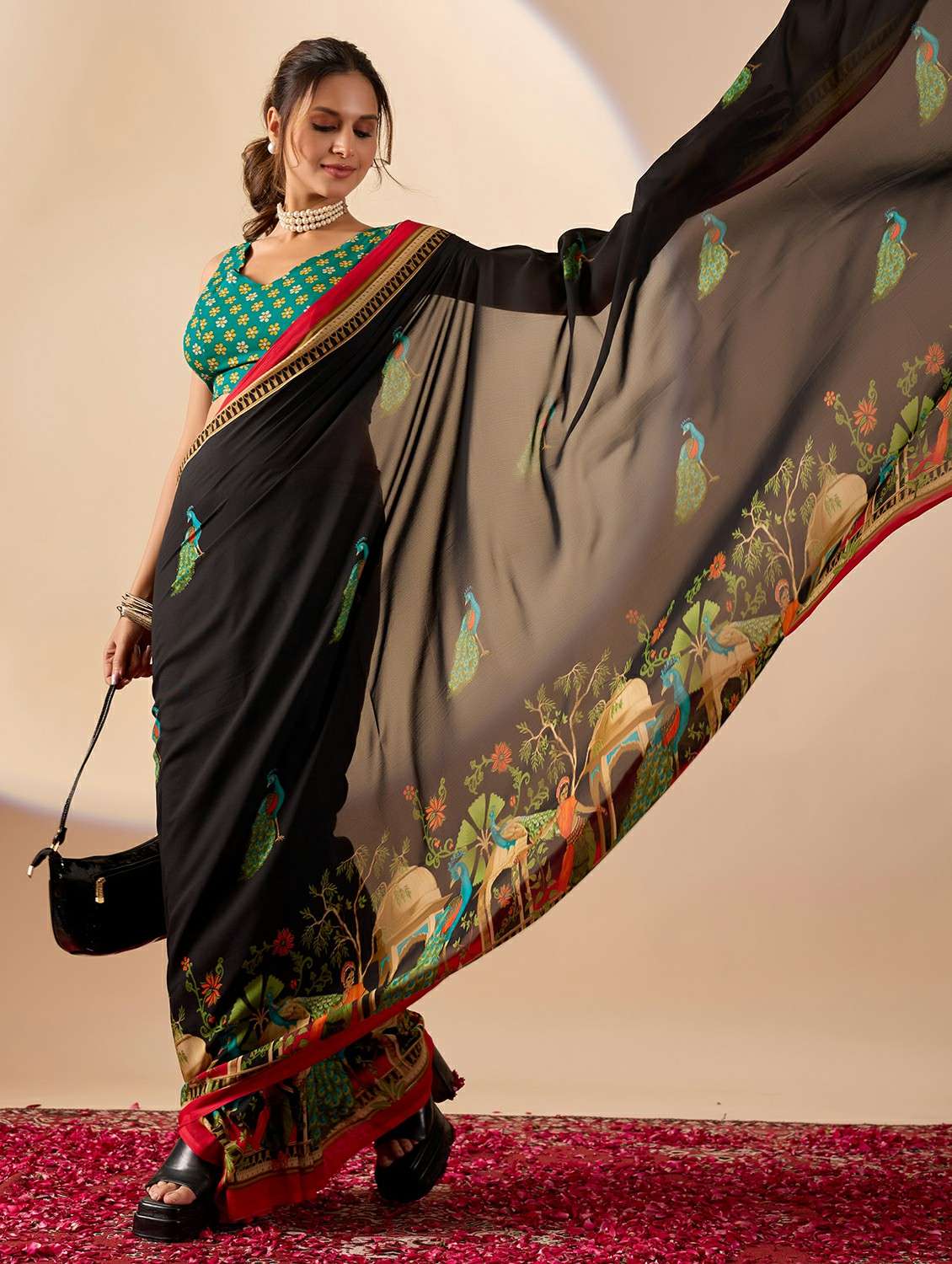 women printed ready to wear saree with blouse