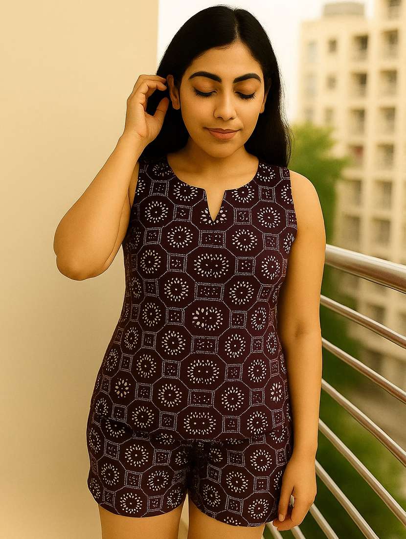 women printed sleeveless nightwear short set - 22244018 -  Standard Image - 1