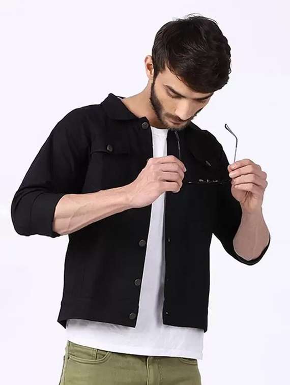 men solid long sleeve denim jacket