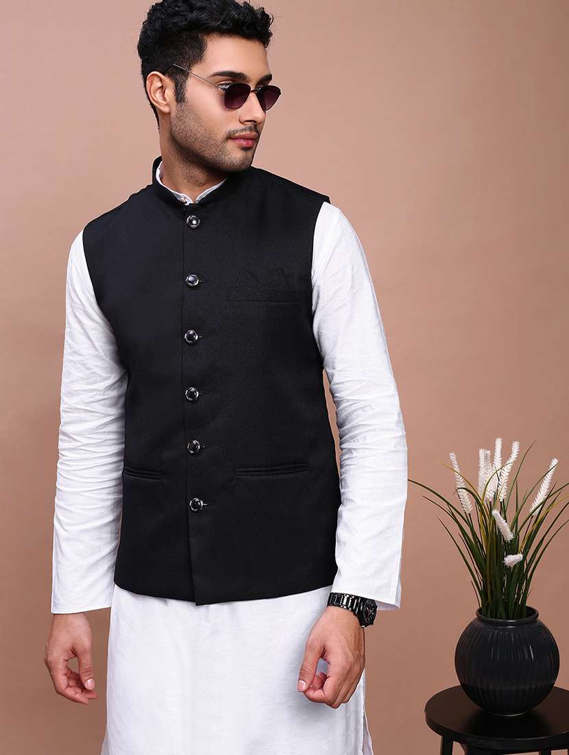 men solid mandarin neck regular fit nehru jacket