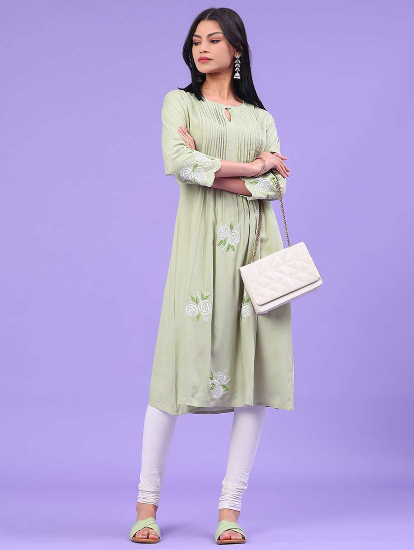 women solid with work three quarter sleeve a-line kurta - 22246318 -  Standard Image - 4
