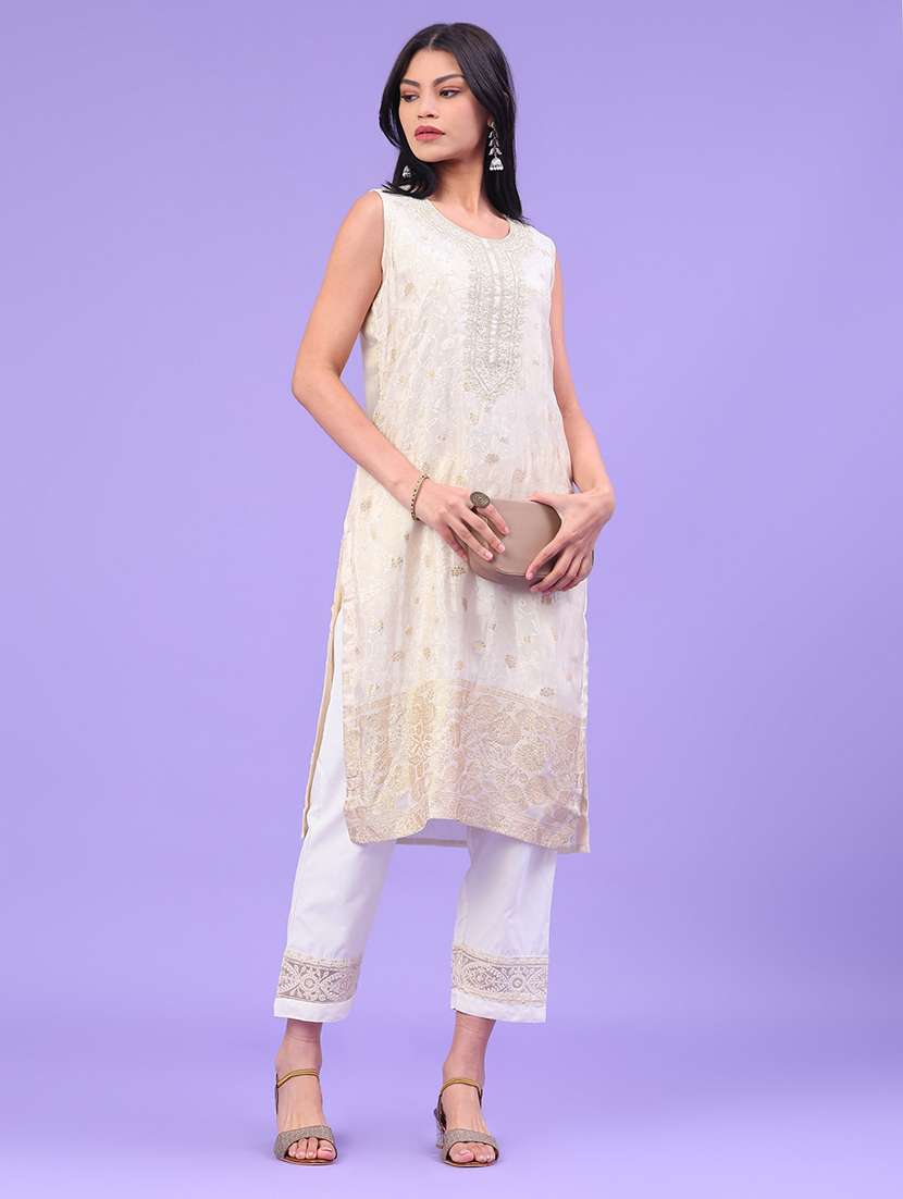 women embroidered sleeveless straight kurta