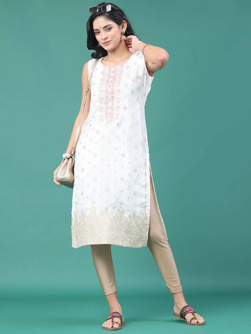 women printed sleeveless kurta leggings set
