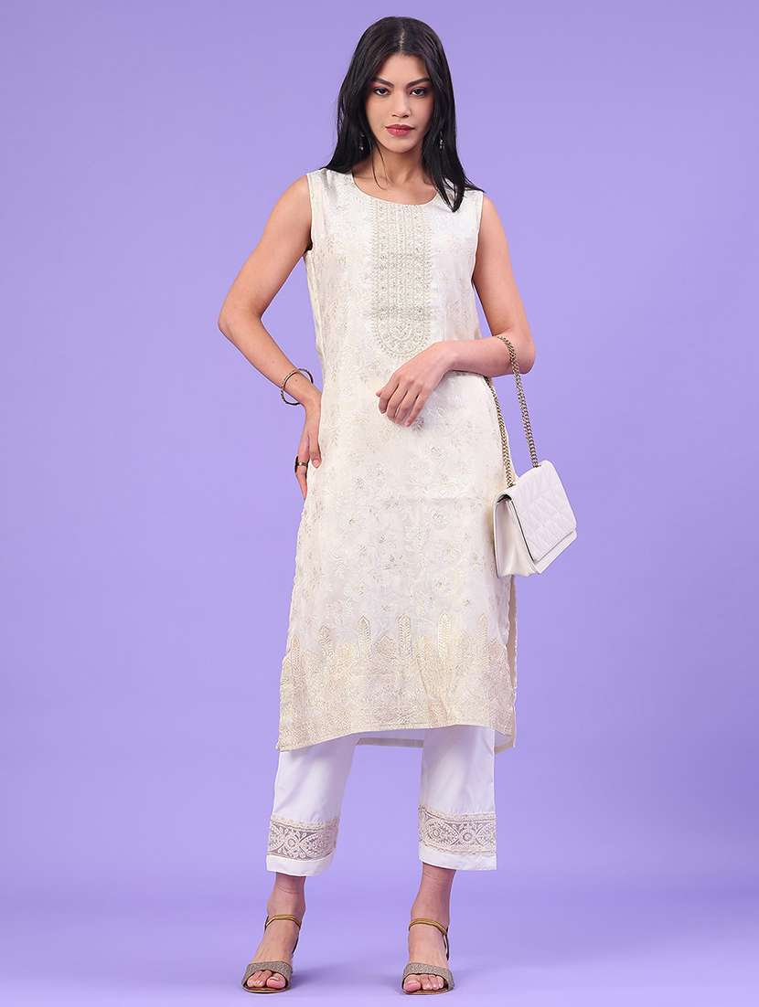 women embroidered sleeveless straight kurta