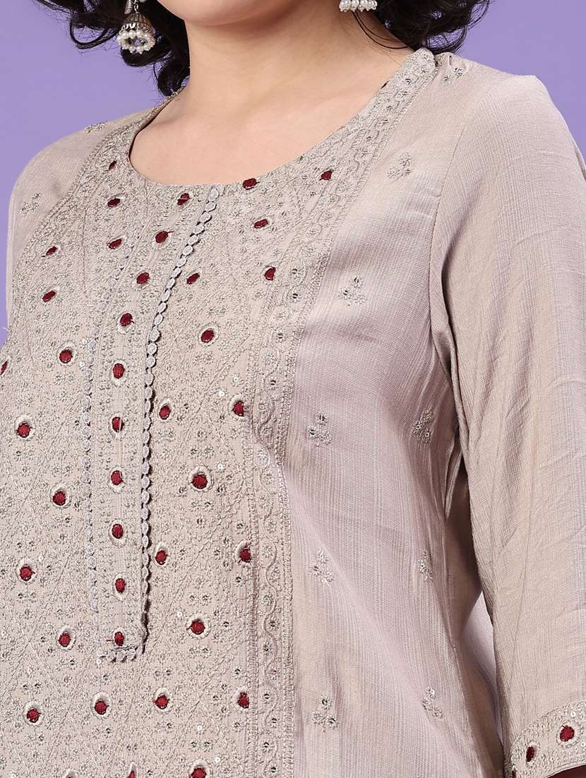 women solid with work three quarter sleeve kurta pant with dupatta set - 22246536 -  Standard Image - 1