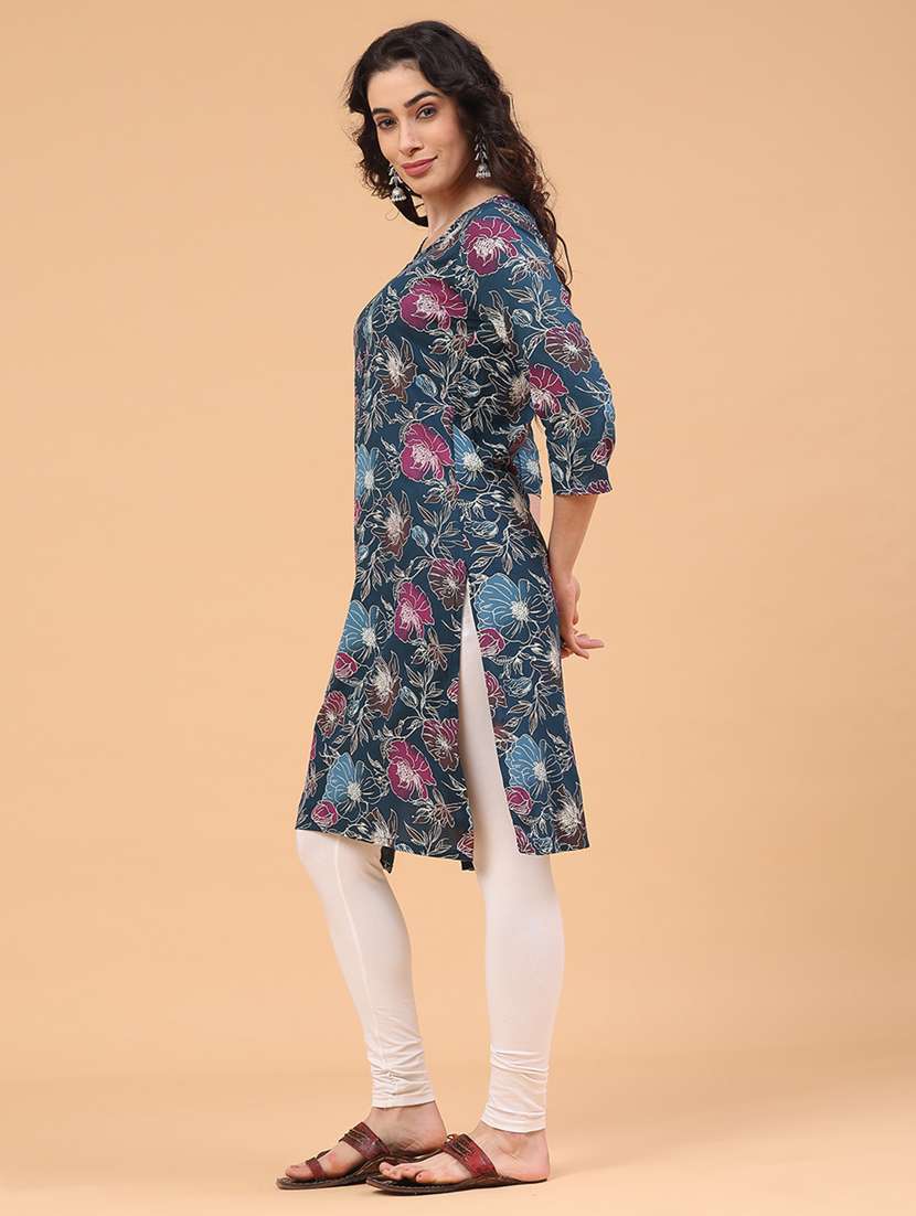 women floral printed three quarter sleeve straight kurta - 22246620 -  Standard Image - 4