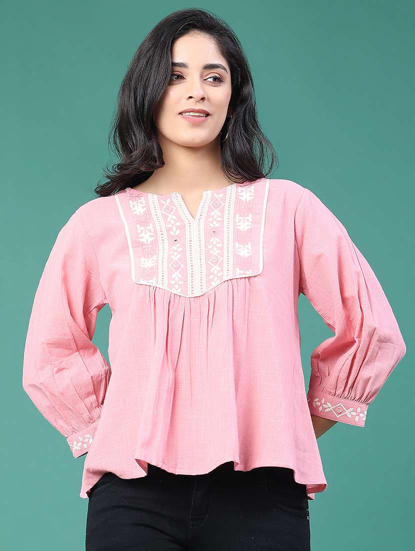 women solid with work three quarter sleeve a-line top - 22246666 -  Standard Image - 1