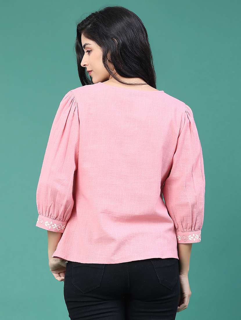 women solid with work three quarter sleeve a-line top - 22246666 -  Standard Image - 4