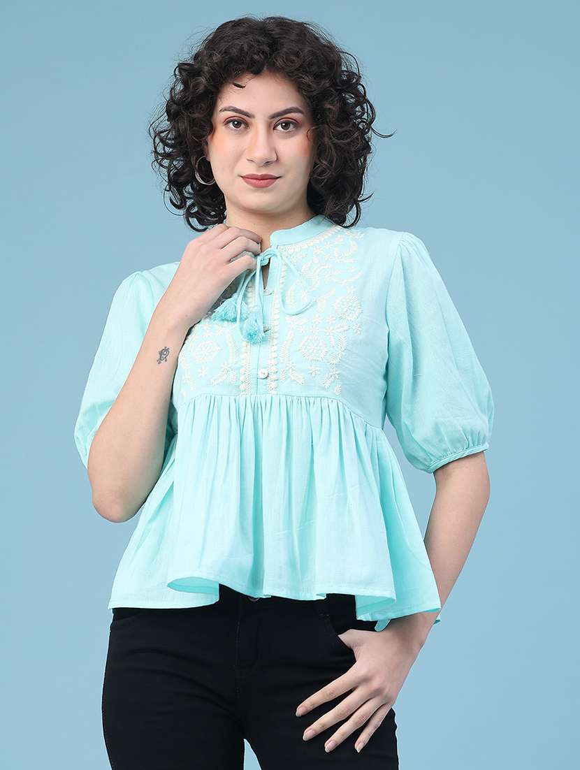 women solid with work tie-up neck top - 22246714 -  Standard Image - 1