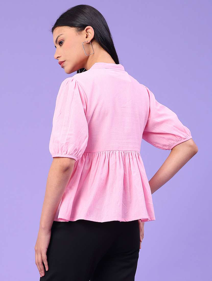 women solid with work puff sleeve peplum top - 22246715 -  Standard Image - 4