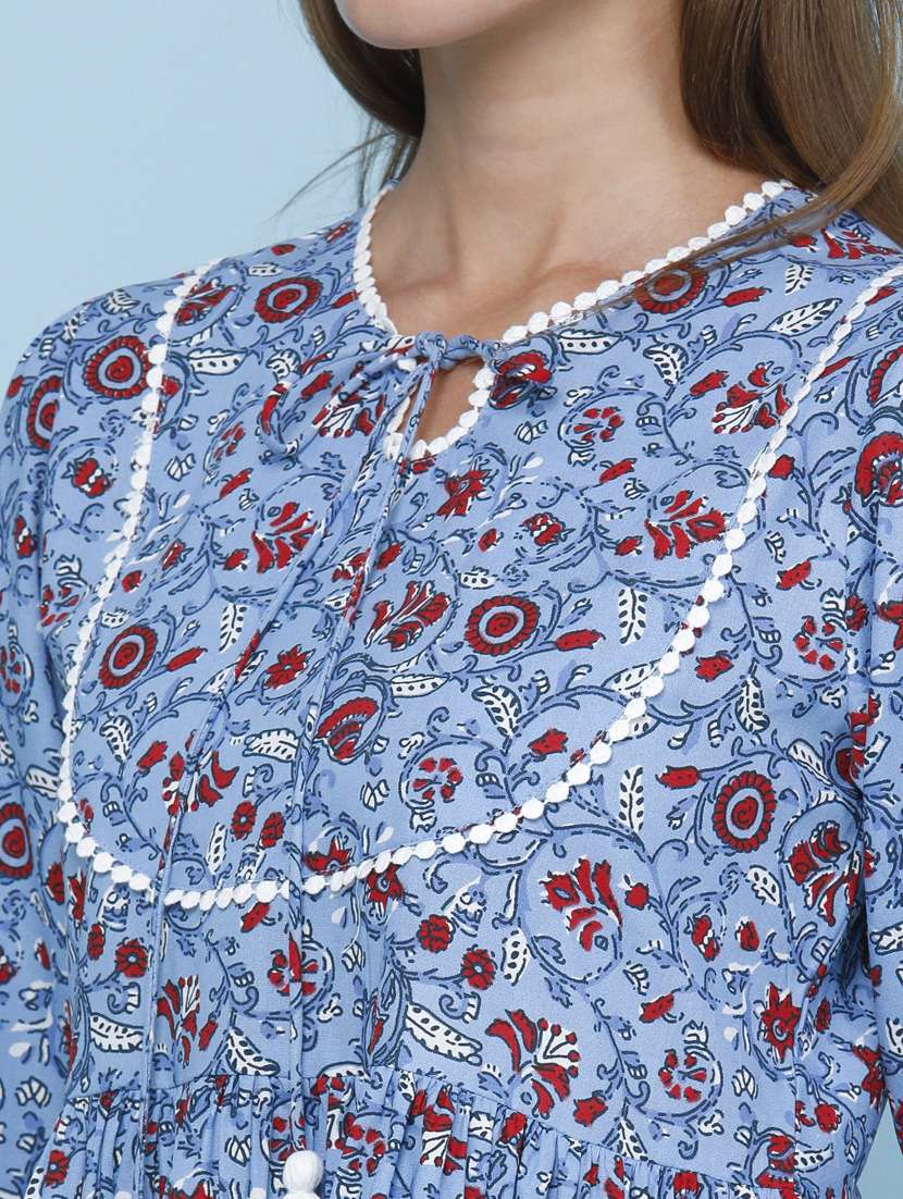 Women Printed Three Quarter Sleeves Flared Kurti - 22247096 -  Standard Image - 1