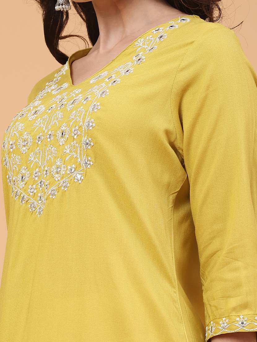 women solid with work three quarter sleeve straight kurta - 22247573 -  Standard Image - 1