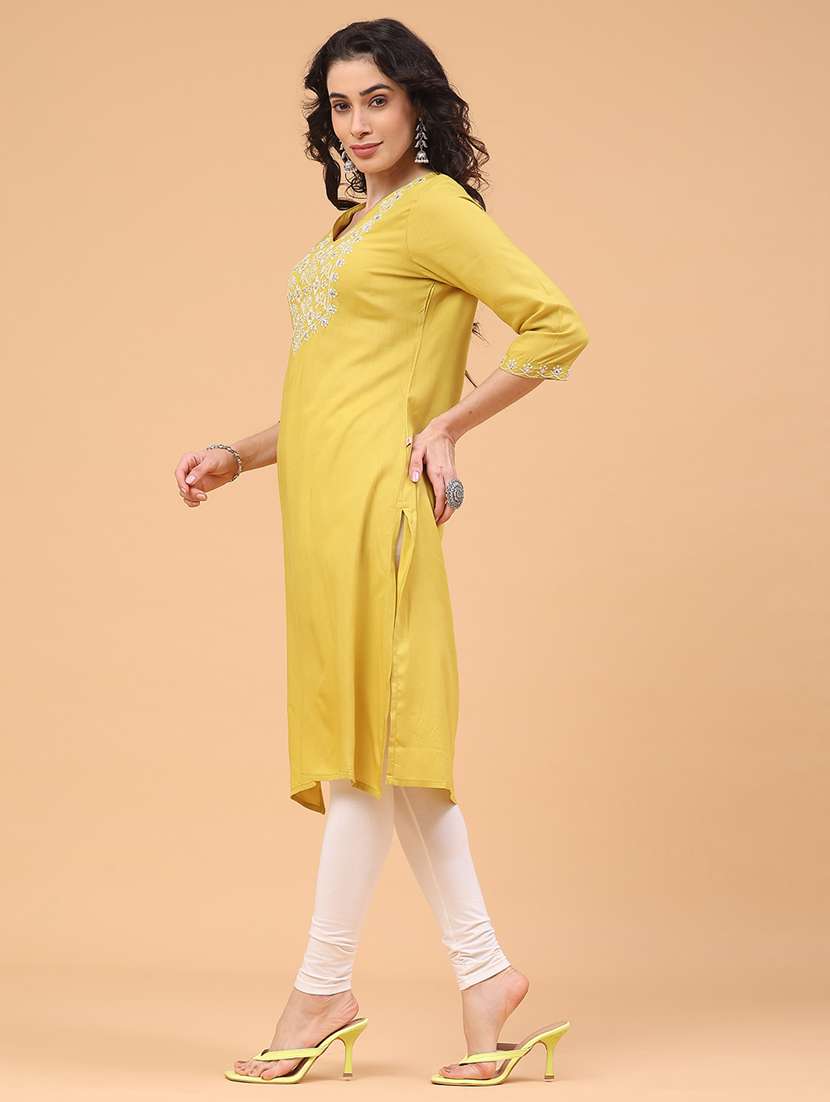 women solid with work three quarter sleeve straight kurta - 22247573 -  Standard Image - 4