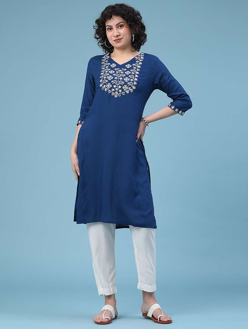 women solid with work three quarter sleeve straight kurta - 22247574 -  Standard Image - 1