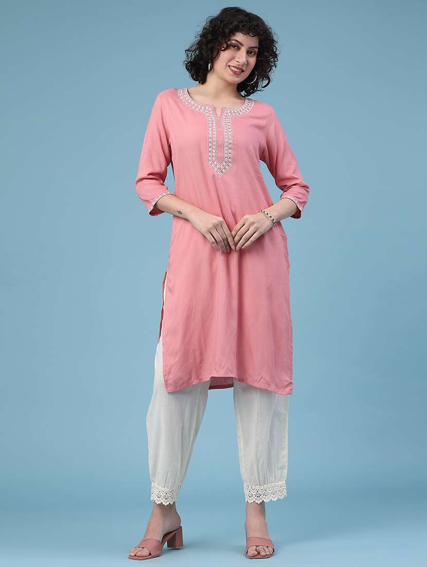 women solid with work three quarter sleeve straight kurta - 22247575 -  Standard Image - 1