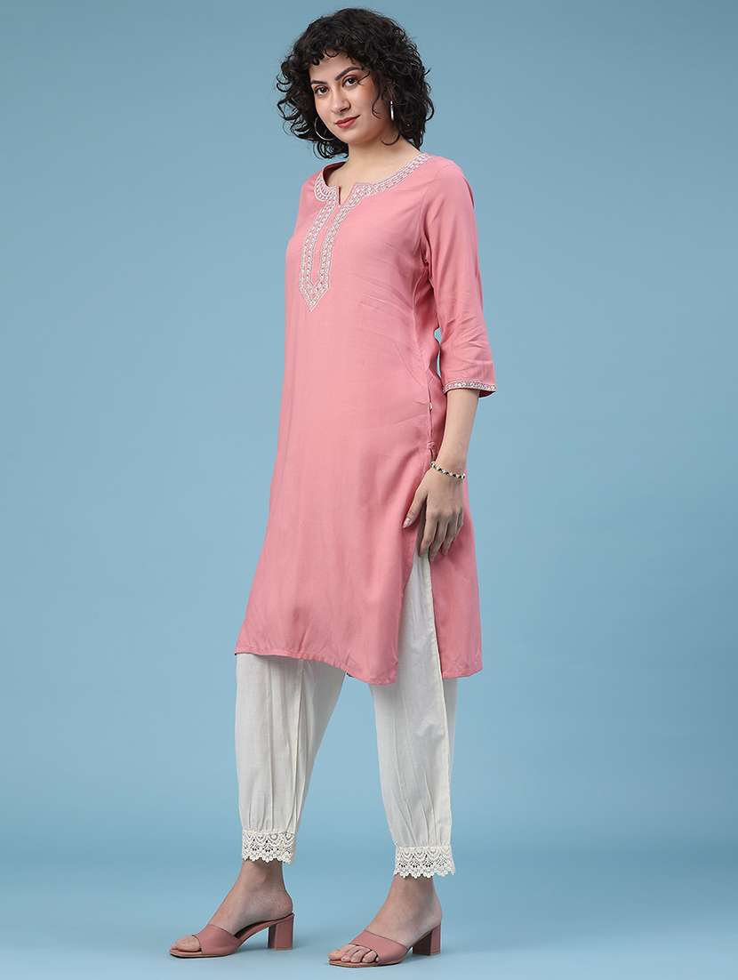 women solid with work three quarter sleeve straight kurta - 22247575 -  Standard Image - 4