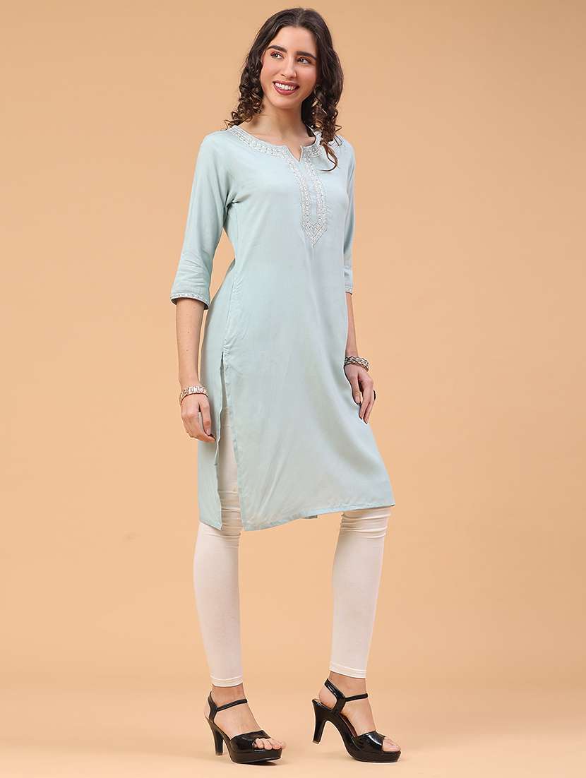 women solid with work three quarter sleeve straight kurta - 22247576 -  Standard Image - 1