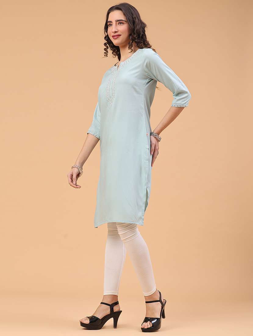 women solid with work three quarter sleeve straight kurta - 22247576 -  Standard Image - 4