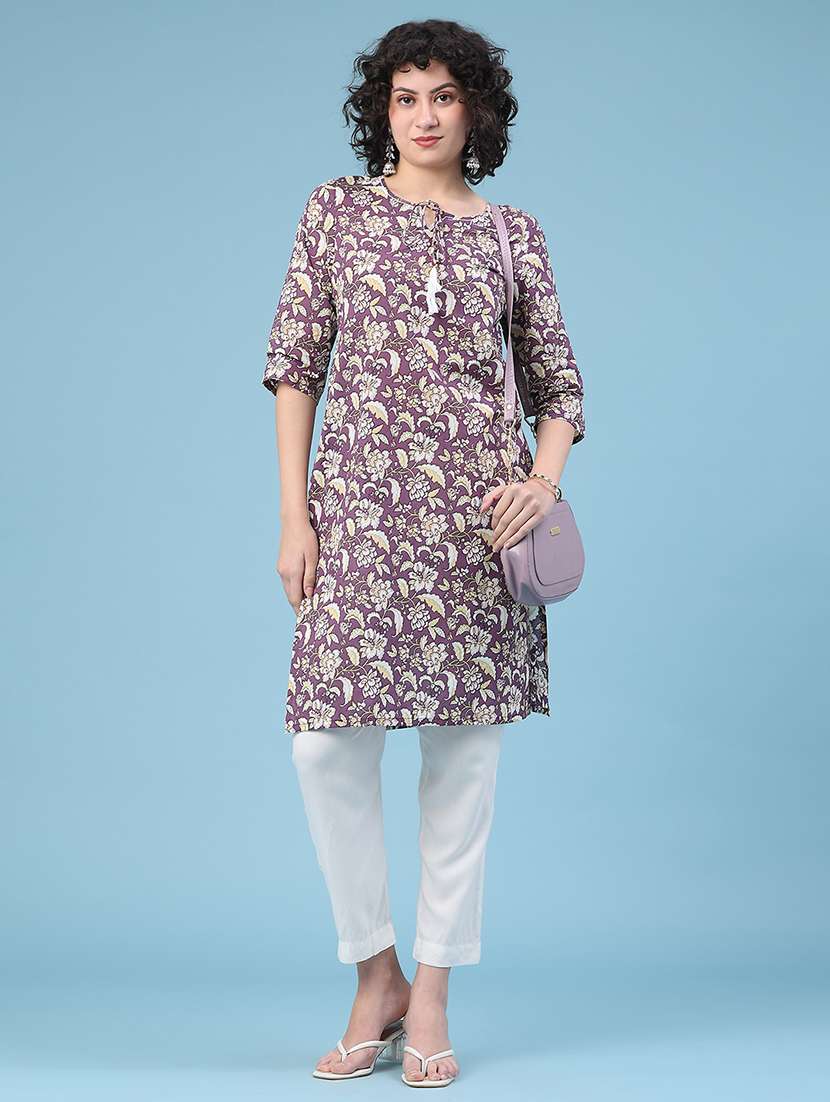 women floral printed three quarter sleeve straight kurta - 22248165 -  Standard Image - 1