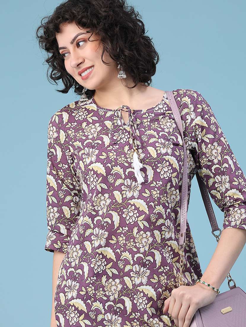 women floral printed three quarter sleeve straight kurta - 22248165 -  Standard Image - 4