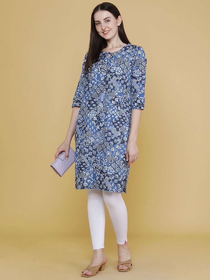 Women Printed Three Quarter Sleeves Straight Kurta - 22248171 -  Standard Image - 4