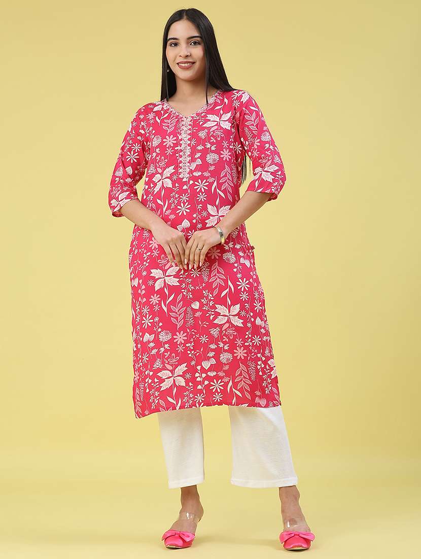women floral three quarter sleeve kurta pant set - 22248174 -  Standard Image - 1