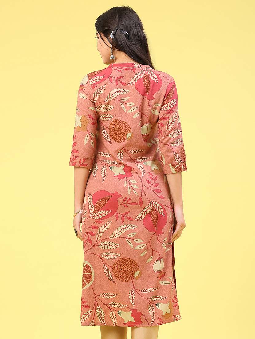 Women Printed Three Quarter Sleeve Straight Kurta - 22248180 -  Standard Image - 4