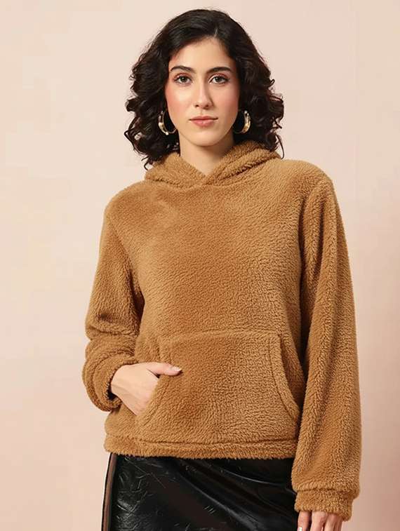 women solid long sleeve hooded sweatshirt