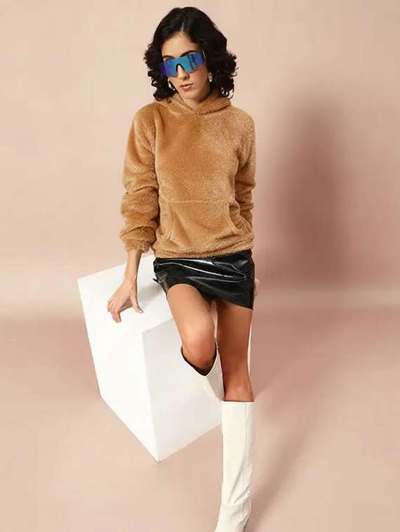 women solid long sleeve hooded sweatshirt - 22248294 -  Standard Image - 4