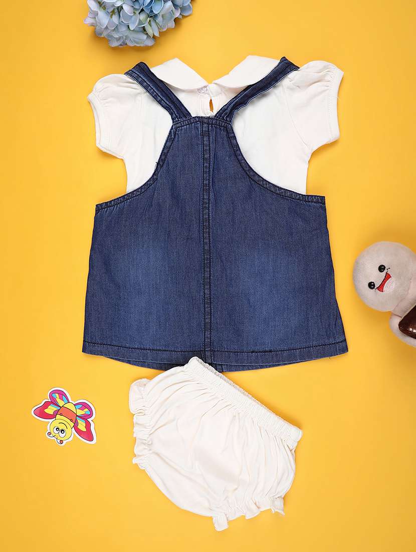 Girls Solid With Work Puff Sleeves Dungaree Dress With Bloomer - 22248619 -  Standard Image - 1