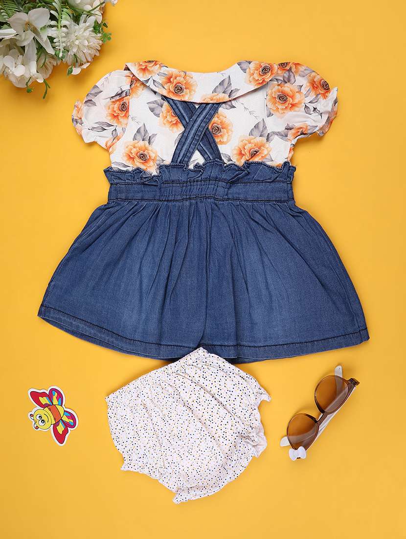 girls floral puff sleeves dungaree dress with bloomer - 22248624 -  Standard Image - 1