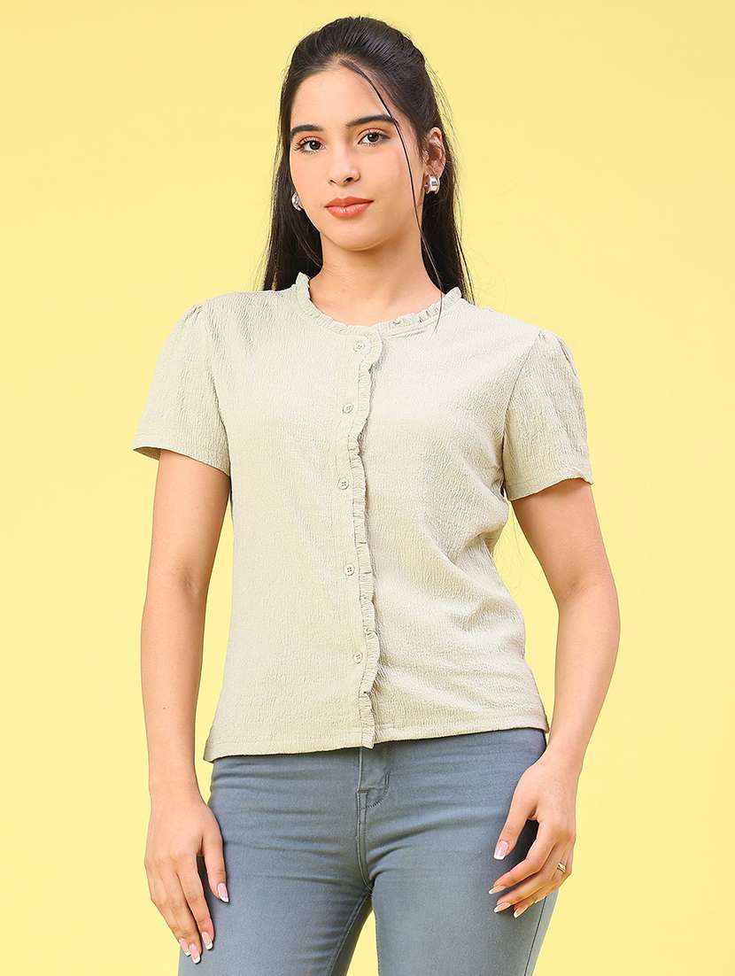 women solid puff sleeve button down  top - 22248779 -  Standard Image - 1