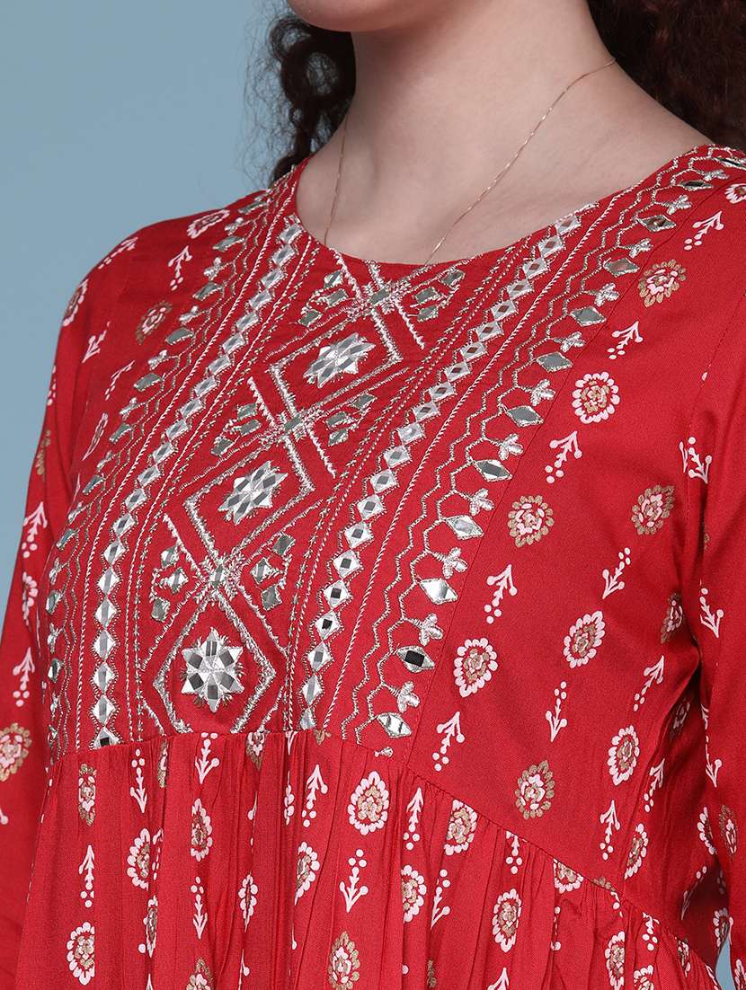 women printed three quarter sleeve tiered kurta - 22248807 -  Standard Image - 1