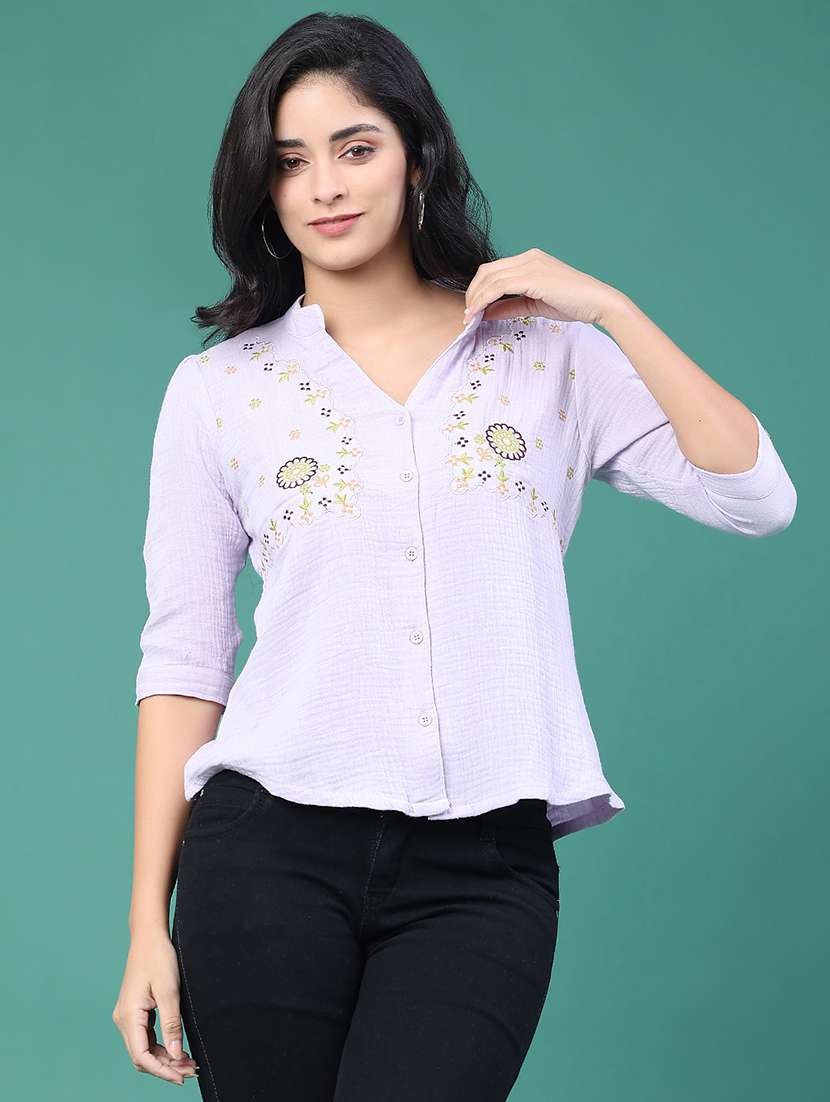 women solid with work three quarter sleeve top - 22249277 -  Standard Image - 1