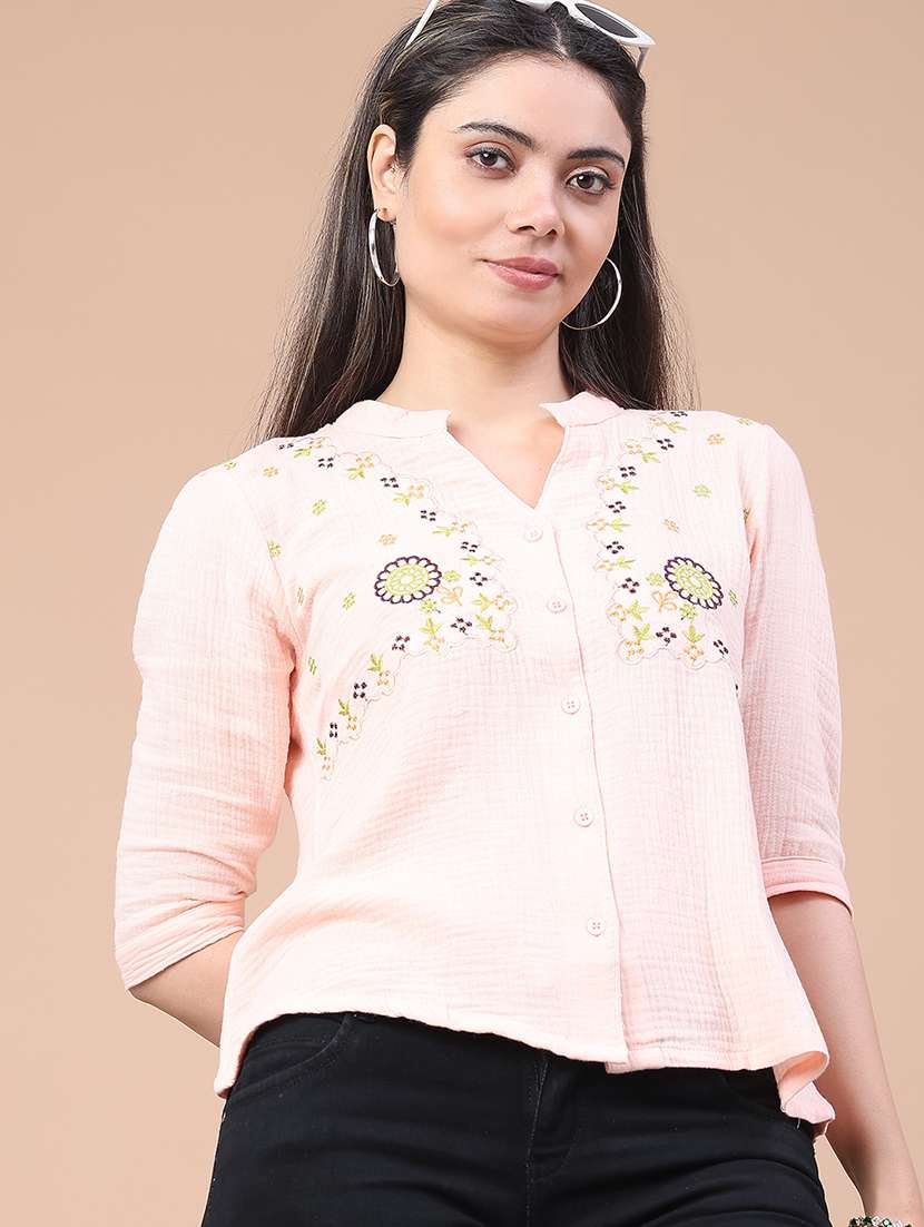 women embroidered three quarter sleeve top