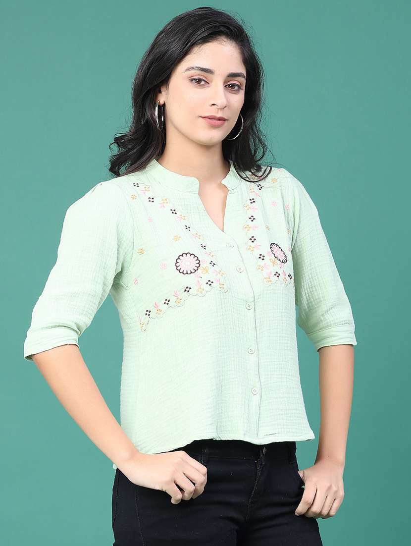 women solid with work three quarter sleeve top - 22249279 -  Standard Image - 1