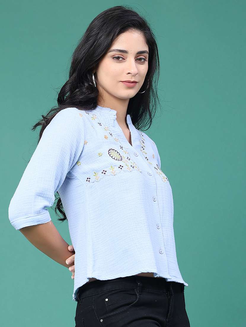 women solid with work three quarter sleeve top - 22249283 -  Standard Image - 1