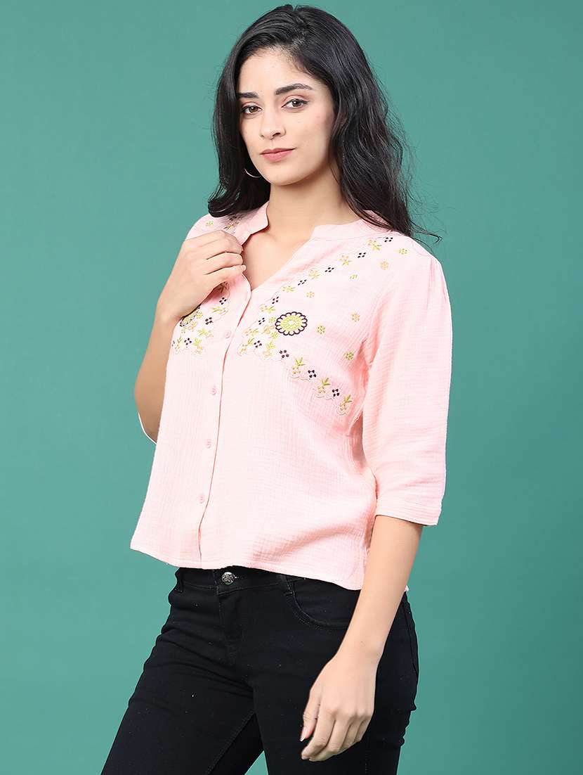 women solid with work three quarter sleeve top - 22249289 -  Standard Image - 1