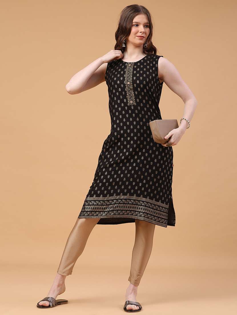 women foil printed sleeveless straight kurta