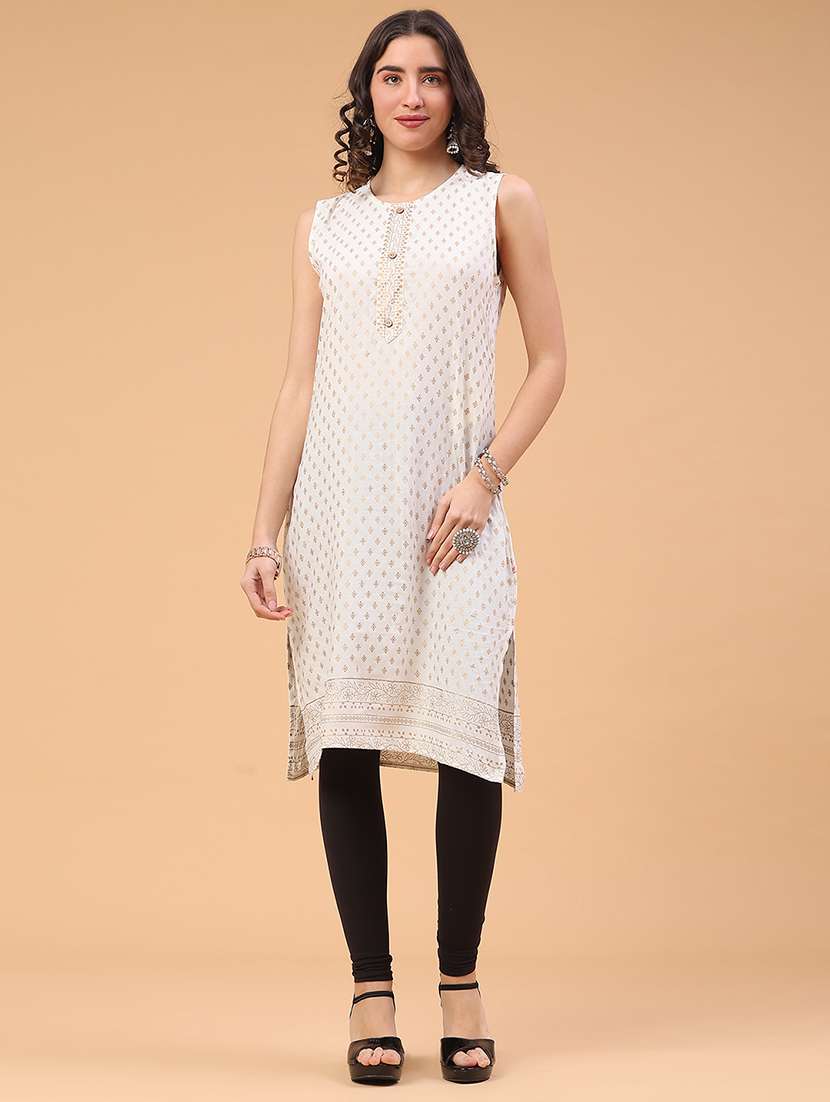 women foil printed sleeveless straight kurta - 22249414 -  Standard Image - 1