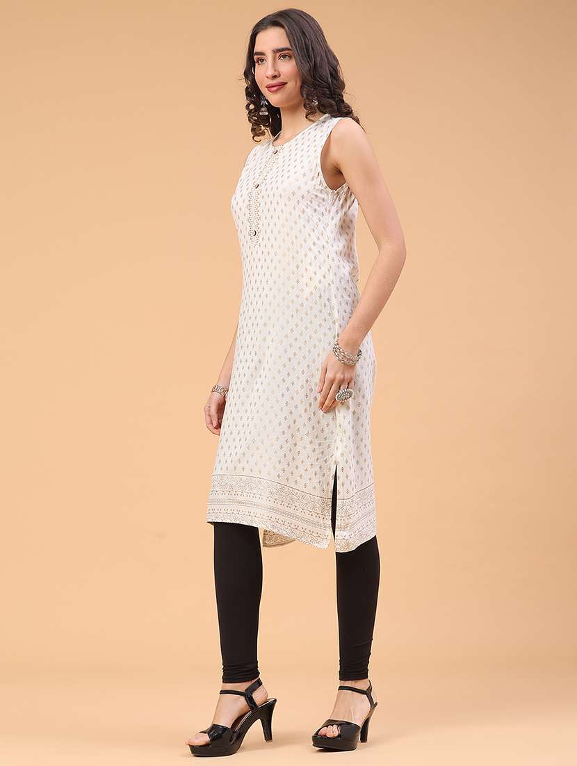 women foil printed sleeveless straight kurta - 22249414 -  Standard Image - 4