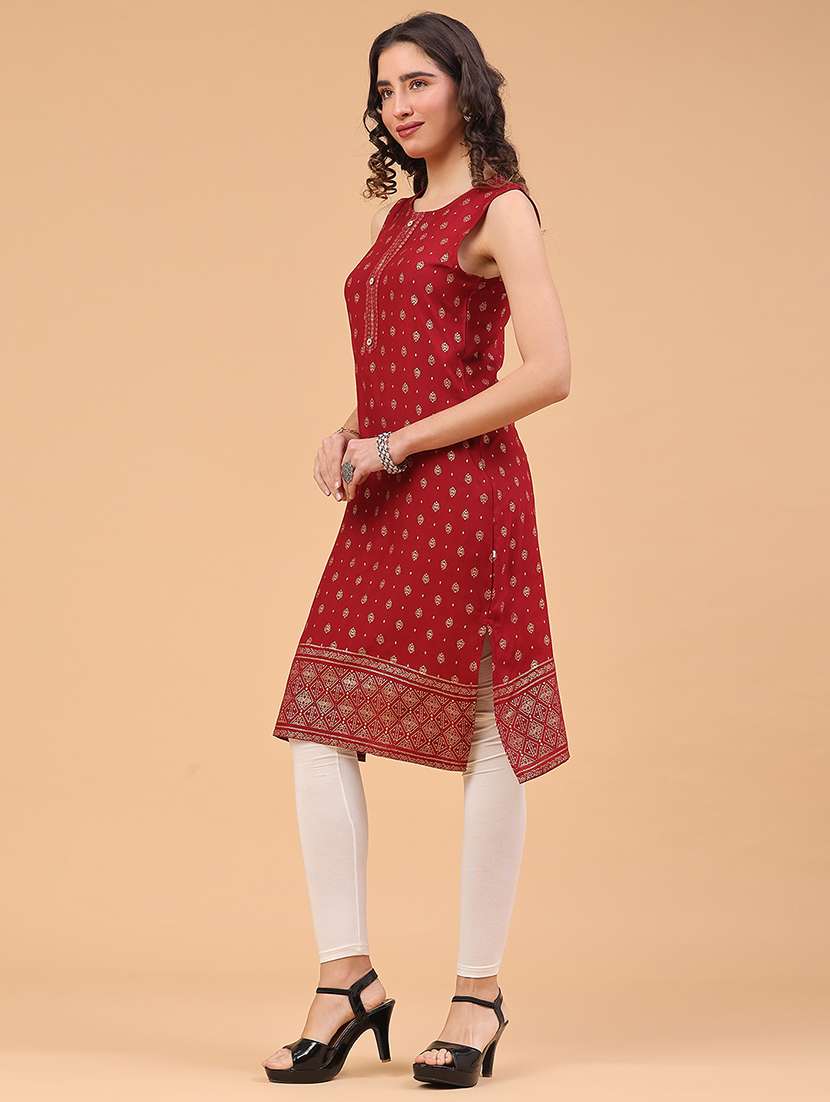 women foil printed sleeveless straight kurta - 22249416 -  Standard Image - 4