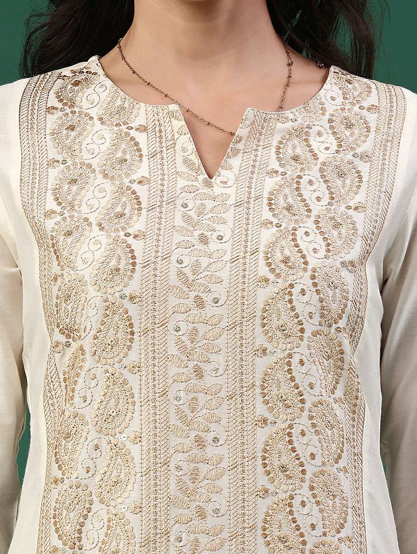 women solid with work three quarter sleeve kurta - 22249430 -  Standard Image - 1