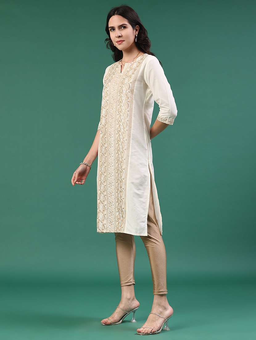 women solid with work three quarter sleeve kurta - 22249430 -  Standard Image - 4