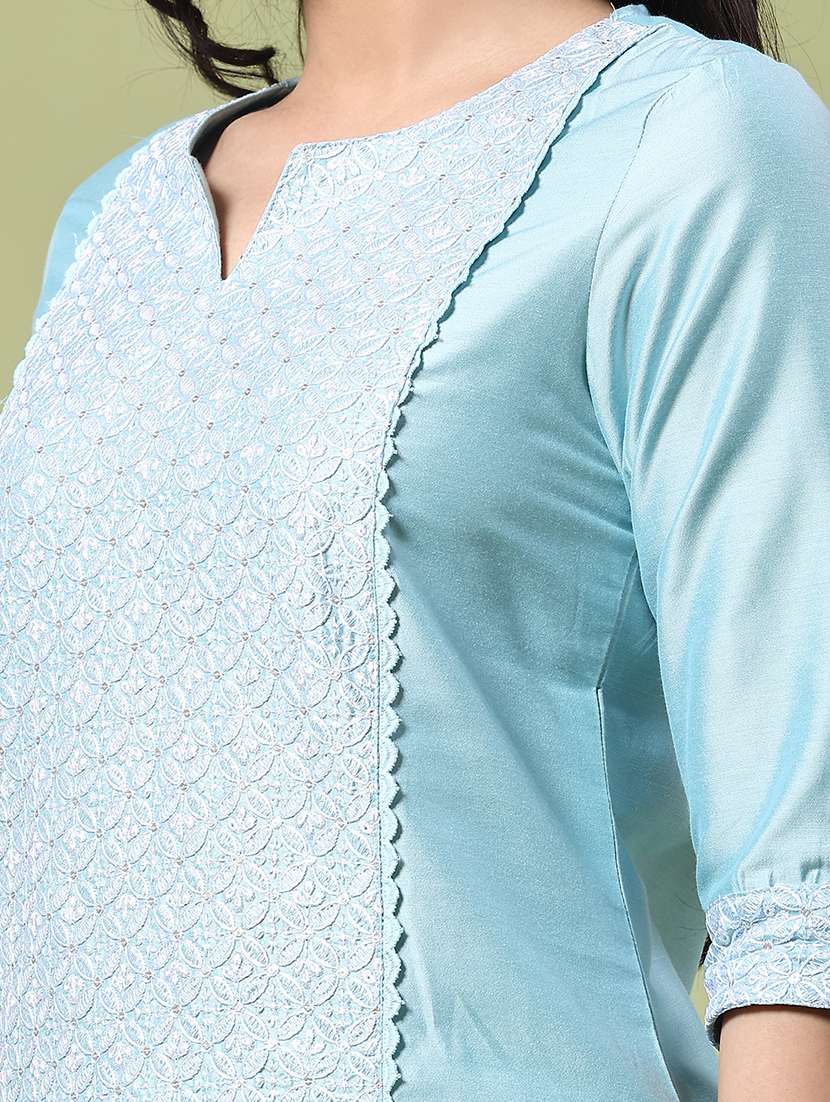 women solid with work three quarter sleeve straight kurta - 22249432 -  Standard Image - 1