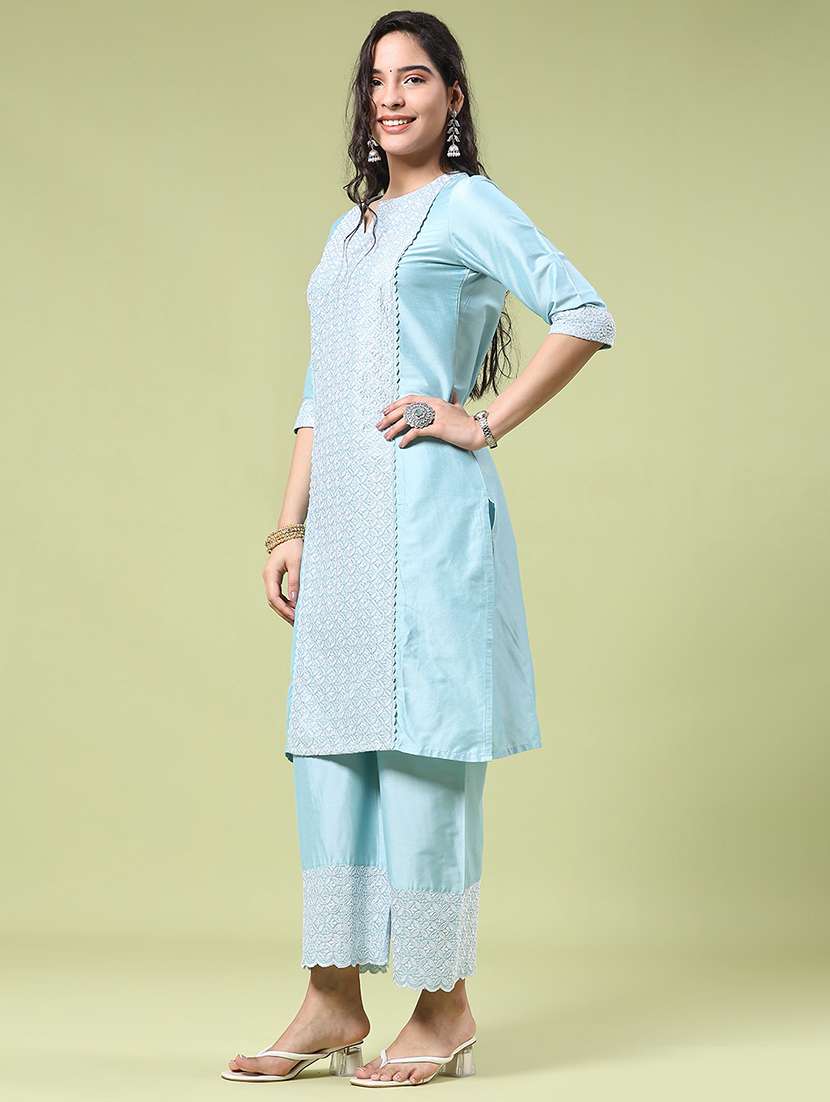 women solid with work three quarter sleeve straight kurta - 22249432 -  Standard Image - 4