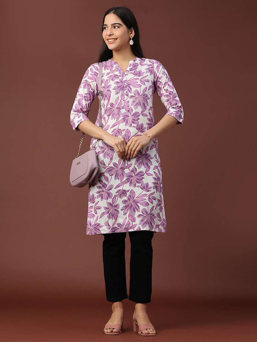 women floral three quarter sleeve straight kurta - 22249436 -  Standard Image - 4